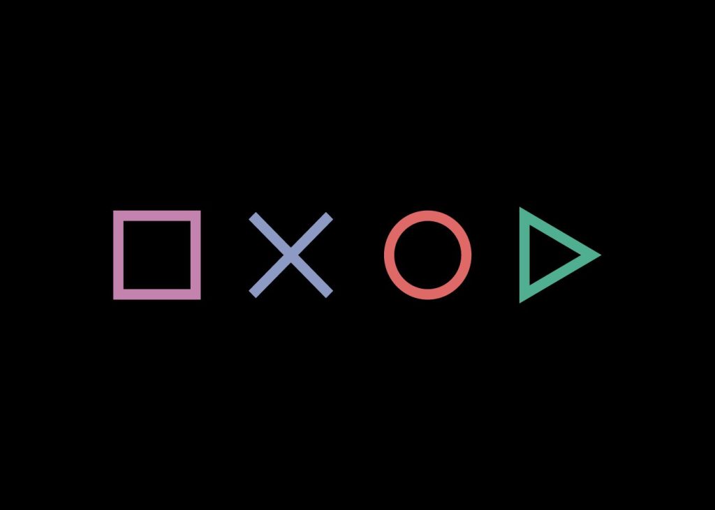 Quatre symboles colorés de manette de PlayStation, disposés verticalement sur fond noir : un triangle vert, un cercle rouge, une croix bleue et un carré rose.